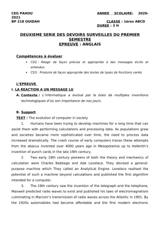 Première page de Anglais 1ère A1, 1ère A2, 1ère B, 1ère C, 1ère D — 2e devoir surveillé, 1er semestre (2020-2021) · CEG PAHOU
