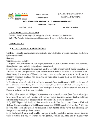 Première page de Anglais 2nde D — 2e devoir surveillé, 2e semestre (2021-2022) · CEG SEKERE