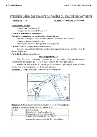 Première page de SVT 1ère D — 1er devoir surveillé, 2e semestre (2019-2020) · CEG Mèdédjonou