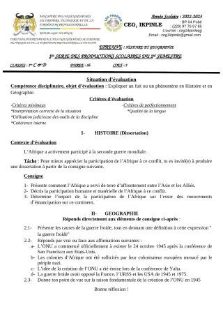 Première page de Histoire-Géographie 1ère C, 1ère D — 1re production scolaire, 2e semestre (2022-2023) · CEG1 Ikpinlè