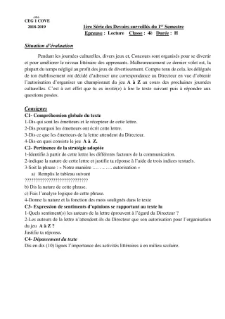Première page de Français 4e — 1er devoir surveillé, 1er semestre (2018-2019) · CEG1 Covè