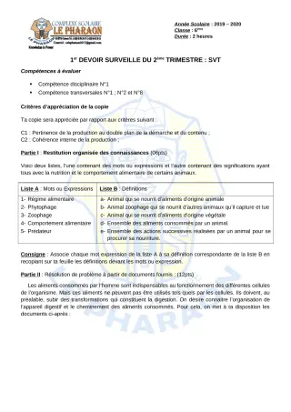 Première page de SVT 6e — 1er devoir surveillé, 2e trimestre (2019-2020) · CPEG LE PHARAON