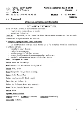 Première page de Espagnol 4e, 4e ML, 3e ML, 2nde A1, 2nde A2, 1ère A1, 1ère A2, 1ère B, Tle A1, Tle A2, Tle B — 2e devoir surveillé, 1er trimestre (2020-2021) · CPEG SAINT Justin