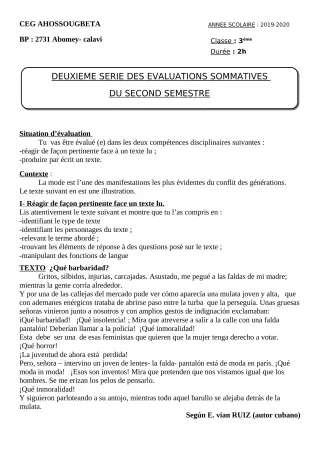 Première page de Espagnol 3e ML — 2e évaluation sommative, 2e semestre (2019-2020) · CEG Ahossougbéta