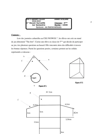 Première page de Mathématiques 5e — 1er devoir surveillé, 1er semestre (2018-2019) · CEG2 ABOMEY - CALAVI (CEG ZOCA)