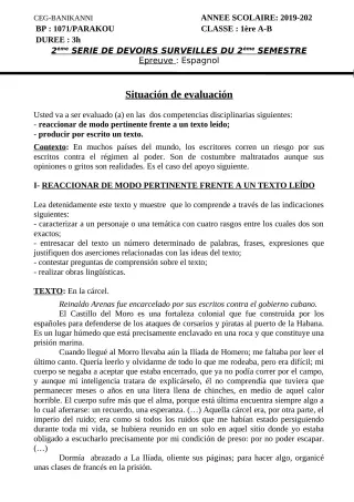 Première page de Espagnol 4e ML, 3e ML, 2nde A2, 2nde B, 1ère A2, 1ère B, Tle A1, Tle A2, Tle B — 2e devoir surveillé, 2e semestre (2019-2020) · CEG Banikanni