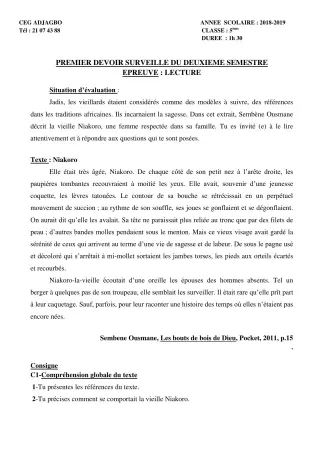 Première page de Français 5e — 1er devoir surveillé, 2e semestre (2018-2019) · CEG ADJAGBO