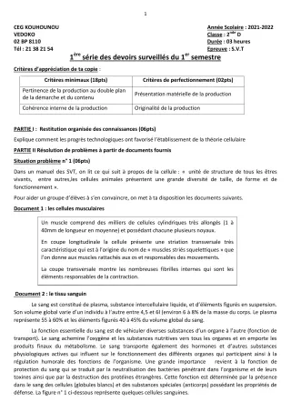 Première page de SVT 2nde D — 1er devoir surveillé, 1er semestre (2021-2022) · CEG Kouhounou-Vêdoko
