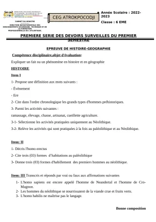 Première page de Histoire-Géographie 6e, 5e, 4e, 3e — 1er devoir surveillé, 1er semestre (2022-2023) · CEG ATROKPOCODJI