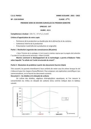 Première page de SVT 2nde C — 1er devoir surveillé, 1er semestre (2021-2022) · CEG PAHOU