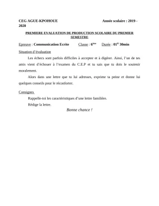 Première page de Français 6e — 1re production scolaire, 1er semestre (2019-2020) · CEG AGUE KPOHOUE