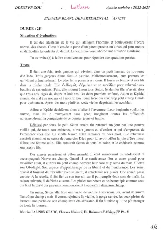 Première page de Examen Blanc de FRANCAIS LECTURE — 3e — CEG1 Abomey (2022)