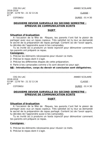Première page de Français 6e — 2e devoir surveillé, 2e semestre (2018-2019) · CEG du Lac