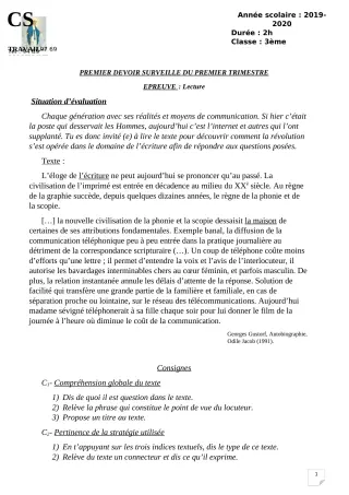 Première page de Français 3e, 3e ML — 1er devoir surveillé, 1er trimestre (2019-2020) · CPEG ROSAIRE