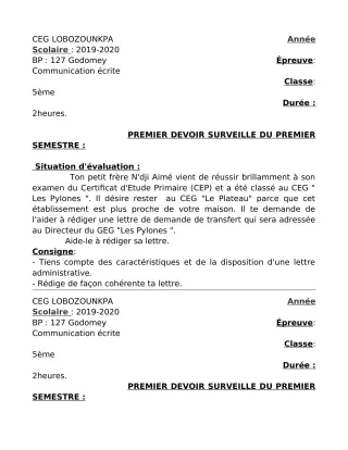 Première page de Français 5e — 1er devoir surveillé, 1er semestre (2019-2020) · CEG Lobozounkpa