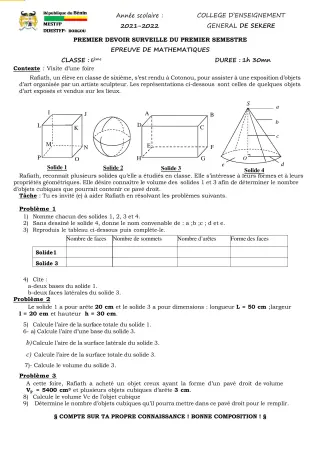 Première page de Mathématiques 6e — 1er devoir surveillé, 1er semestre (2021-2022) · CEG SEKERE