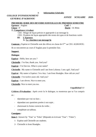 Première page de Anglais 6e, 5e, 4e, 3e — 1er devoir surveillé, 1er semestre (2020-2021) · CEG AGBANOU