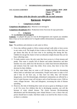 Première page de Anglais 4e, 4e ML, 3e, 3e ML, 2nde A & B, 2nde D, Tle A1, Tle A2, Tle B, Tle C, Tle D — 2e devoir surveillé, 2e semestre (2019-2020) · CEG Agassa Godomey