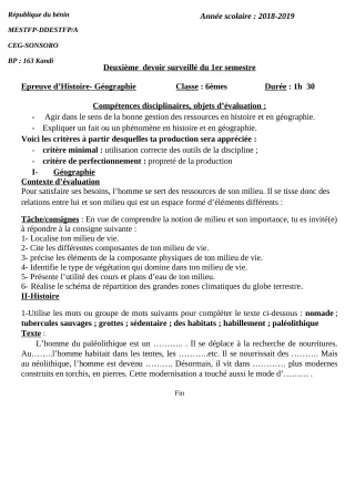 Première page de Histoire-Géographie 6e — 2e devoir surveillé, 1er semestre (2018-2019) · CEG SONSORO