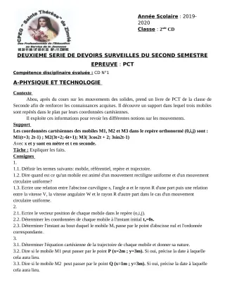Première page de PCT 2nde D — 2e devoir surveillé, 2e semestre (2019-2020) · CPEG Ste Thérèse de Zinvié