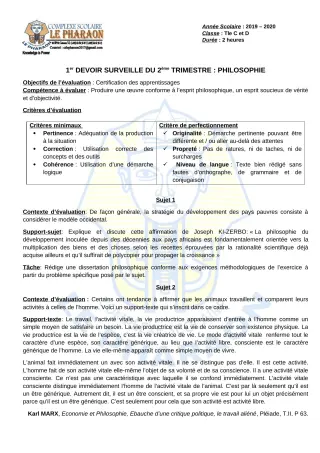 Première page de Philosophie Tle C, Tle D — 1er devoir surveillé, 2e trimestre (2019-2020) · CPEG LE PHARAON