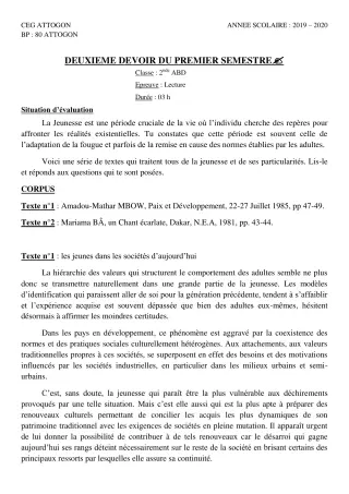 Première page de Français 2nde A & B, 2nde A1, 2nde A2, 2nde B, 2nde D — 2e devoir surveillé, 1er semestre (2019-2020) · CEG Attogon