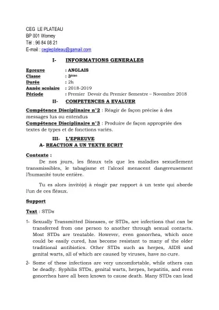 Première page de Anglais 3e ML — 1er devoir surveillé, 1er semestre (2018-2019) · CEG Le Plateau