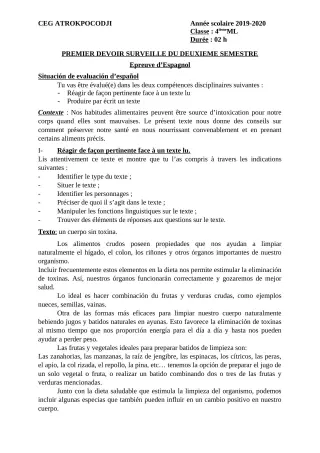 Première page de Mathématiques 4e ML — 1er devoir surveillé, 2e semestre (2019-2020) · CEG ATROKPOCODJI
