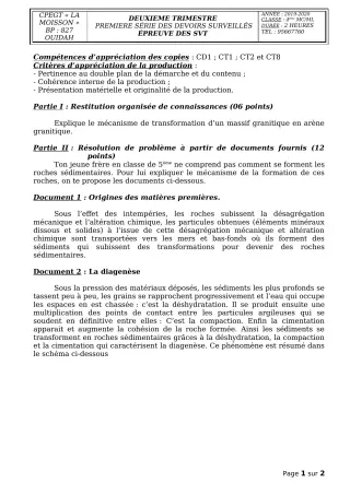 Première page de SVT 4e, 4e ML — 1er devoir surveillé, 2e trimestre (2019-2020) · CPEG La Moisson