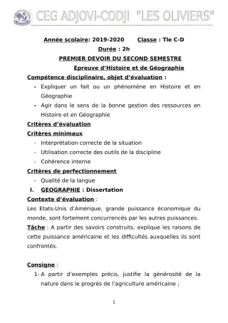 Première page de Histoire-Géographie Tle D — 1er devoir surveillé, 2e semestre (2019-2020) · CEG ADJOVICODJI 'LES OLIVIERS'