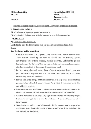 Première page de Anglais 3e, 3e ML — 2e évaluation sommative, 1er semestre (2019-2020) · CEG AZOHOUE-ALIHO