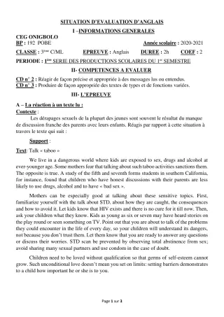Première page de Anglais 3e, 3e ML — 1re production scolaire, 1er semestre (2020-2021) · CEG ONIGBOLO