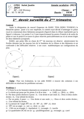 Première page de Mathématiques 6e, 1ère A2, 1ère B — 1er devoir surveillé, 2e trimestre (2023-2024) · CPEG SAINT Justin