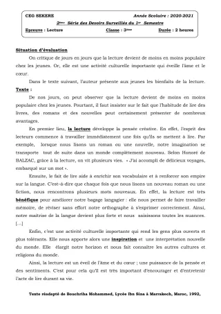 Première page de Français 3e, 3e ML — 2e devoir surveillé, 1er semestre (2020-2021) · CEG SEKERE