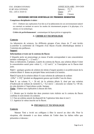 Première page de PCT 3e — 2e devoir surveillé, 1er semestre (2019-2020) · CEG ZOGBO
