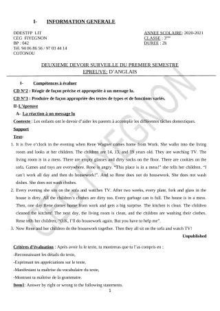 Première page de Anglais 3e, 3e ML — 2e devoir surveillé, 1er semestre (2020-2021) · CEG FIYEGNON
