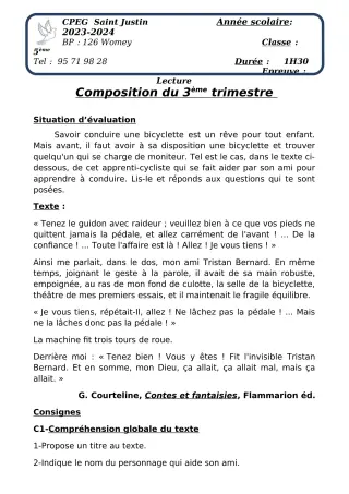 Première page de Français 5e — Composition, 3e trimestre (2023-2024) · CPEG SAINT Justin
