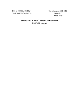 Première page de Anglais 6e, 5e, 4e, 3e, 3e ML, 2nde B, 2nde D — 1er devoir surveillé, 1er trimestre (2020-2021) · CEPG La Prunelle de Dieu
