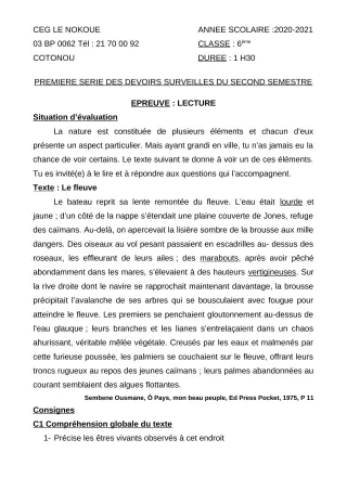 Première page de Français 6e — 1er devoir surveillé, 2e semestre (2020-2021) · CEG LE NOKOUE