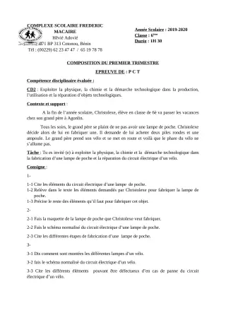 Première page de PCT 6e, 5e — Composition, 1er trimestre (2019-2020) · CPEG Frédéric Macaire