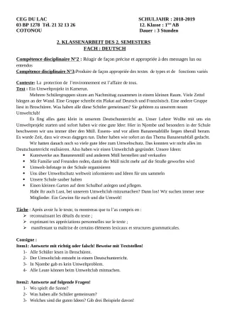 Première page de Devoir surveillé de ALLEMAND — 1ère A2, 1ère B — CEG du Lac (2018)