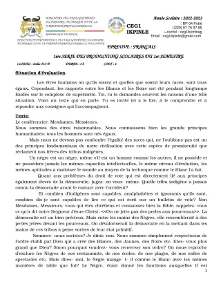 Première page de Français 2nde A, 2nde A1, 2nde A2, 2nde C, 2nde D — 1re production scolaire, 1er semestre (2022-2023) · CEG1 Ikpinlè