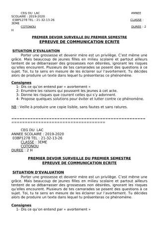 Première page de Français 3e, 3e ML — 1er devoir surveillé, 1er semestre (2019-2020) · CEG du Lac