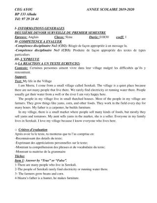 Première page de Anglais 5e — 2e devoir surveillé, 1er semestre (2019-2020) · CEG AYOU