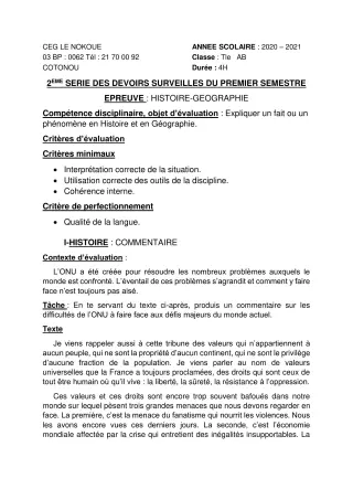 Première page de Histoire-Géographie Tle A1, Tle A2, Tle B — 2e devoir surveillé, 1er semestre (2020-2021) · CEG LE NOKOUE