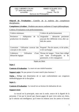Première page de Philosophie Tle C — 1er devoir surveillé, 2e semestre (2022-2023) · CEG2 ABOMEY - CALAVI (CEG ZOCA)