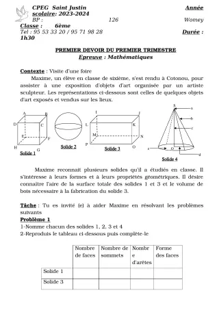 Première page de Mathématiques 6e, 1ère A2, 1ère B — 1er devoir surveillé, 1er trimestre (2023-2024) · CPEG SAINT Justin
