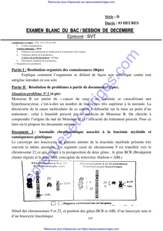 Première page de Bac 2026 – SVT Série D, Bac blanc décembre 2025 (défenses immunitaires, leucémie et groupes sanguins)