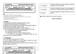 Première page de Histoire-Géographie 6e, 5e, 4e, 4e ML, 3e, 2nde A, 2nde A2, 2nde B, 2nde C, 2nde D, 1ère A1, 1ère A2, 1ère B, 1ère C, 1ère D, Tle A1, Tle A2, Tle B, Tle C, Tle D — 1er devoir surveillé, 2e semestre (2