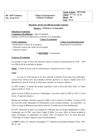 Première page de Histoire-Géographie 1ère A2, 1ère B, 1ère EFS — 2e devoir surveillé, 1er semestre (2019-2020) · CEG2 Godomey